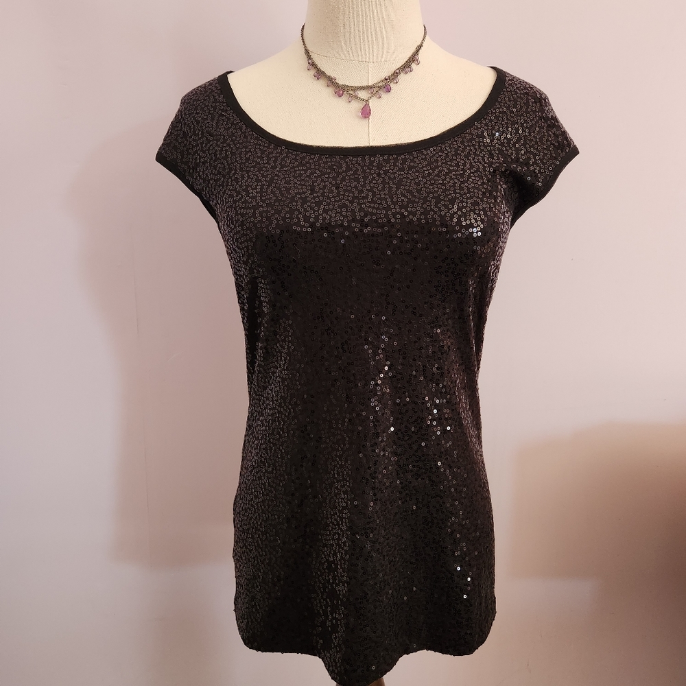 Ann Taylor Black Sequin Wide Scoop Neck Short Sleeve Tee size S